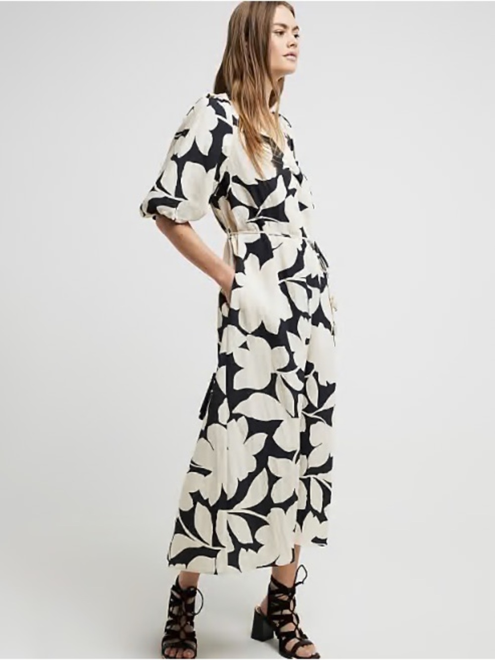 NWOT Ellen Tracy Black & Cream Floral Midi Dress - Size L